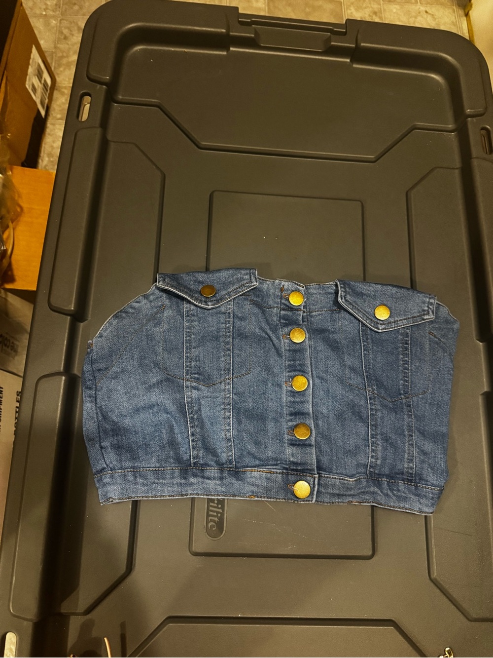Blashe blue denim crop top with gold buttons
